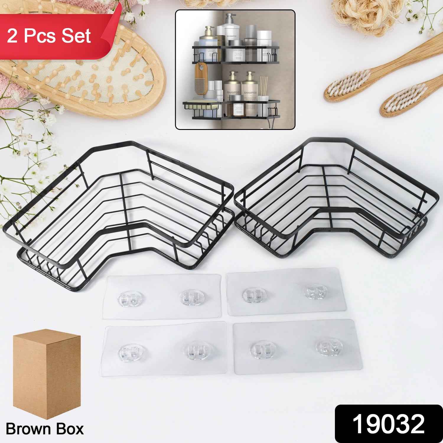 Close-up of self-adhesive black iron-coated stainless steel corner shelf organizer with hooks