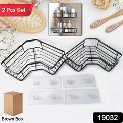 Close-up of self-adhesive black iron-coated stainless steel corner shelf organizer with hooks