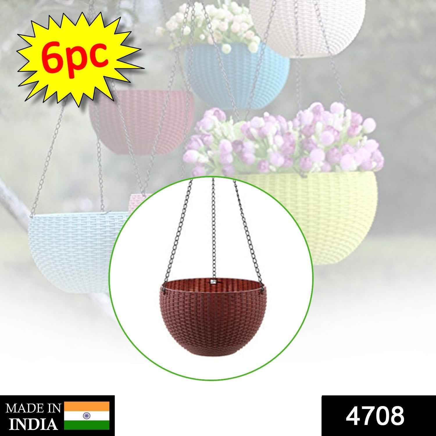 Hanging Flower Pot Set – Plastic Round Planters (6 Pcs) | Indo Glow