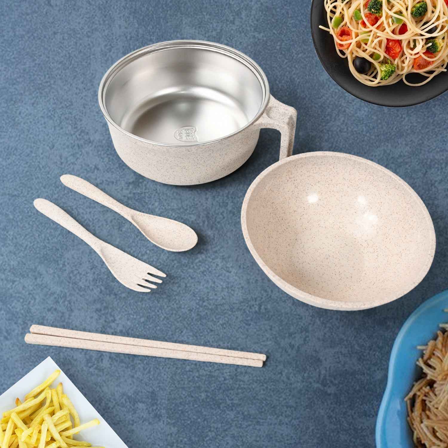 Wheat Straw Rice Bowl Set – 6 Pcs, Lid & Cutlery | Jiaqi