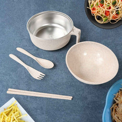 Wheat Straw Rice Bowl Set – 6 Pcs, Lid & Cutlery | Jiaqi
