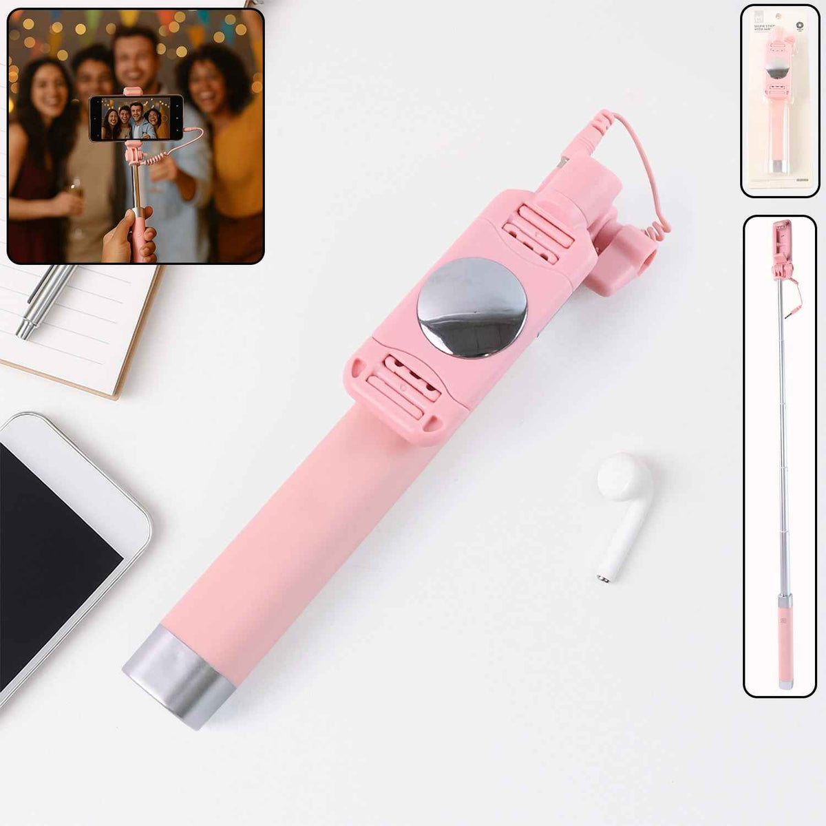 Wired Selfie Stick with Rearview Mirror – Extended 78 cm Reach