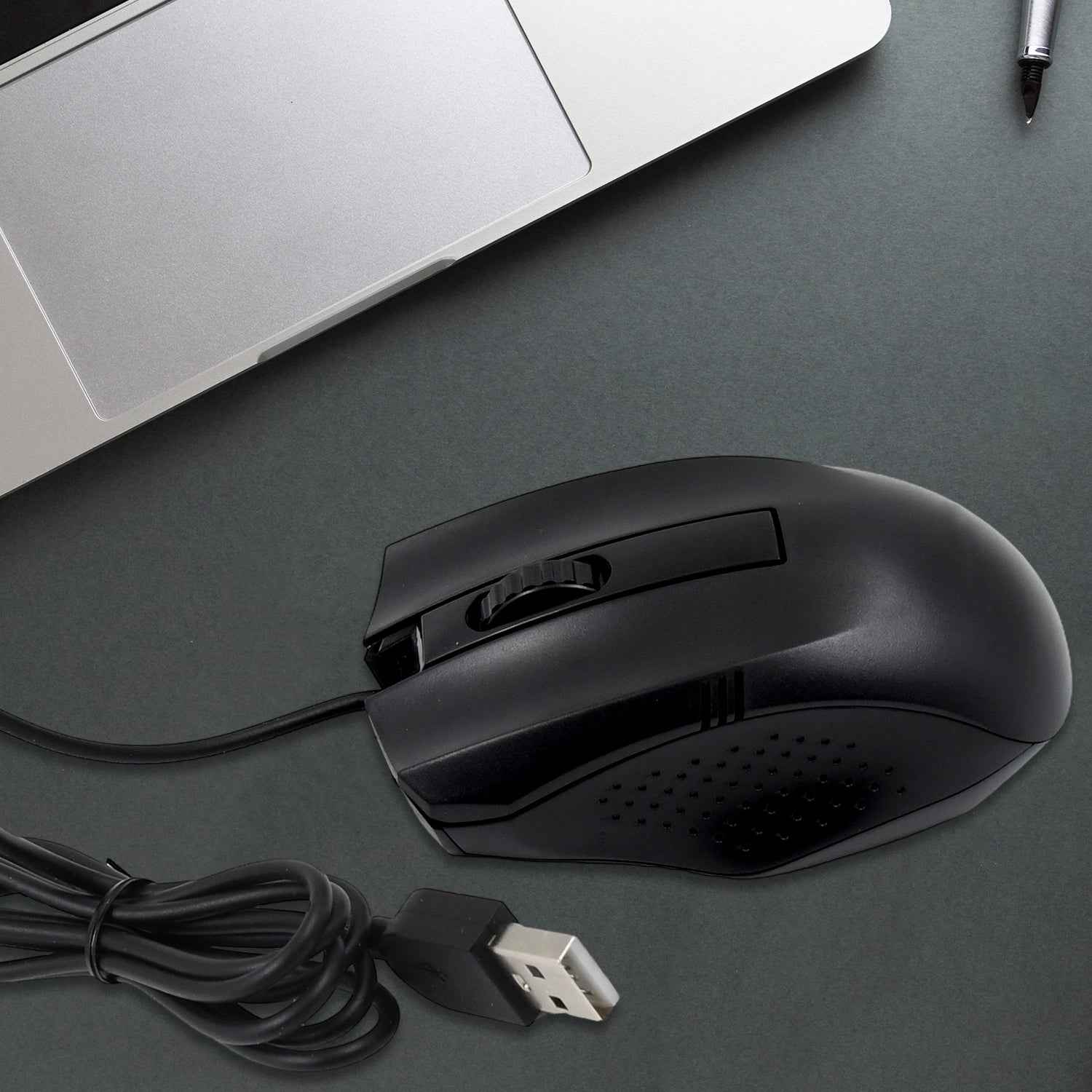 A black wired optical mouse from Compshop with its USB cable clearly visible.