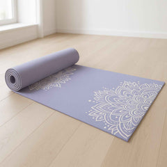 Non-slip printed yoga mat with mandala design rolled out