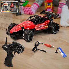 Front view of remote control red off-road racing car displaying rugged design