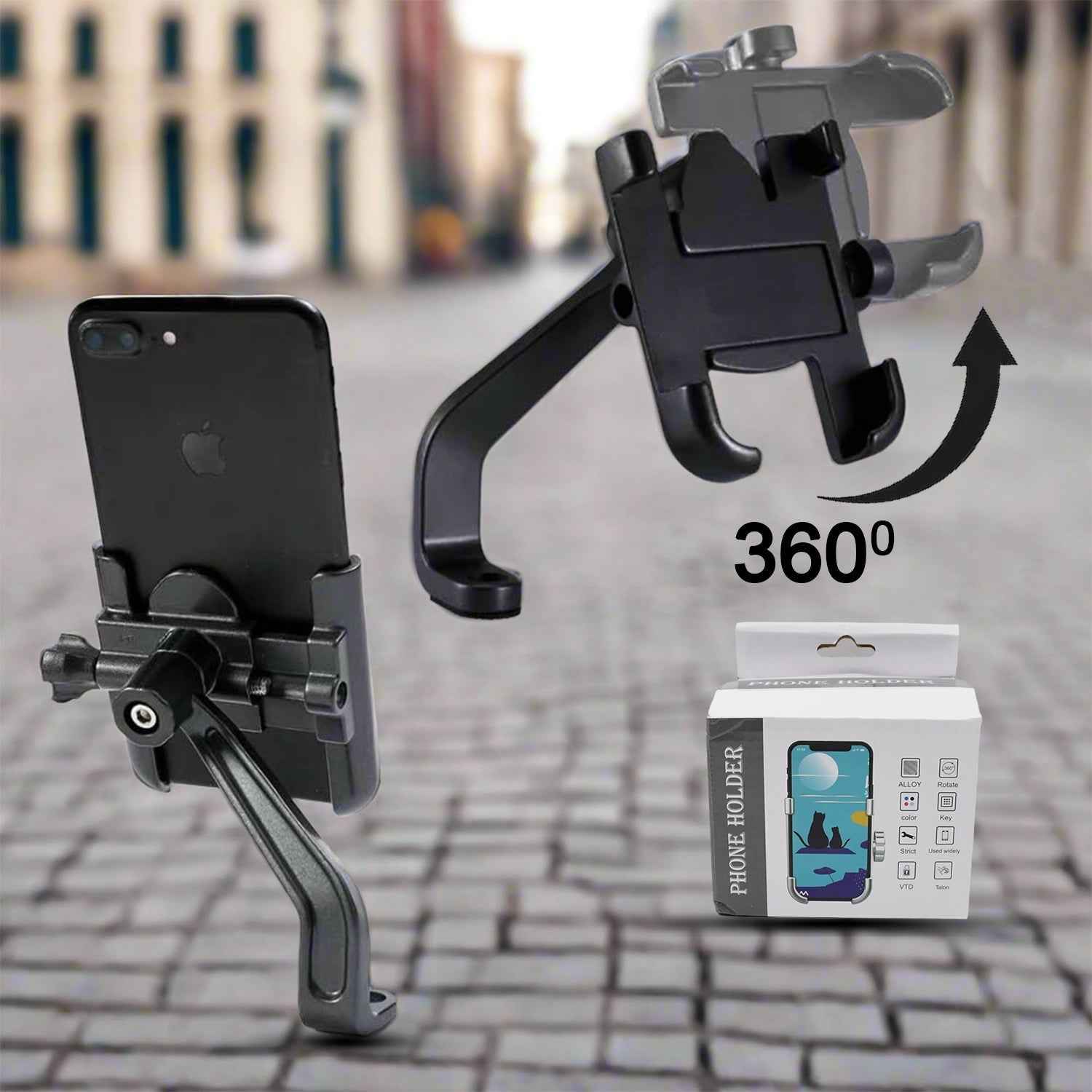 Detailed view of the aluminum alloy construction of the bike mobile holder.