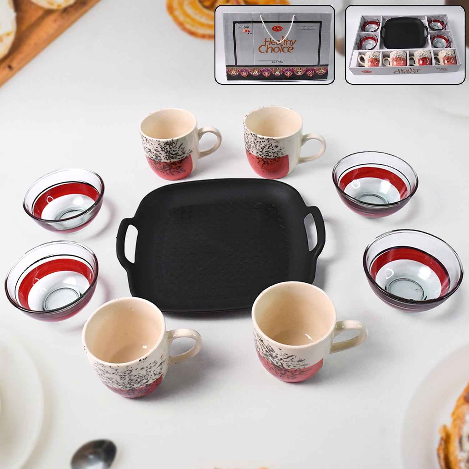Ceramic cup and glass bowl set with plastic plate on table