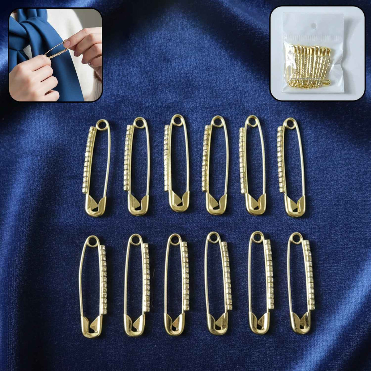 Golden Safety Pin Brooch Set – Elegant Stone-Embedded Design