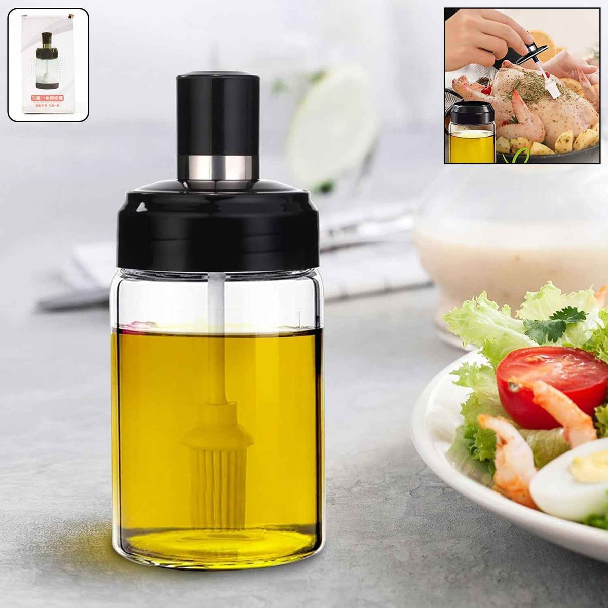 Glass Oil Dispenser Bottle with Silicone Basting Brush – Precise 250ml