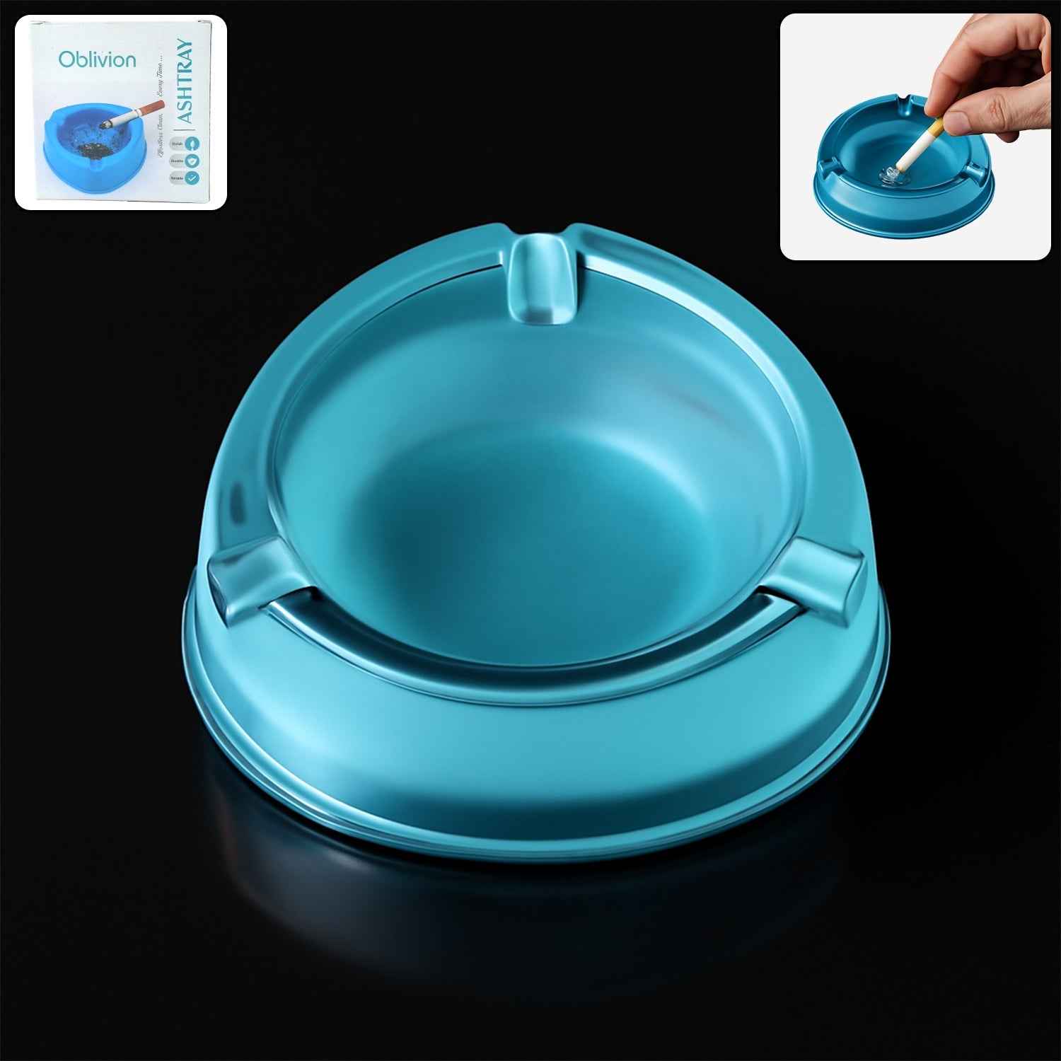Transparent plastic ashtray with three cigarette rest slots and wide bowl