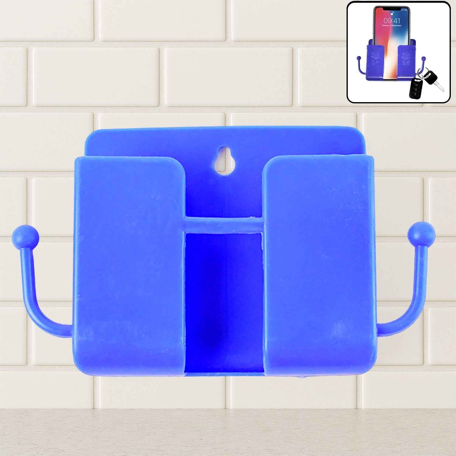 Wall Mount Mobile Stand – Compact Blue Phone Holder with Hook