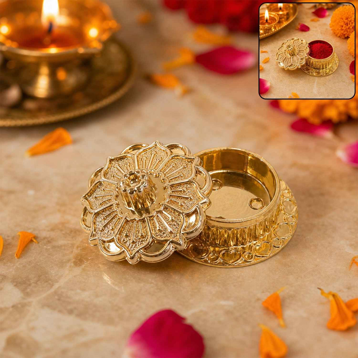 Golden Pooja Kankavati – Elegant Religious Storage Container