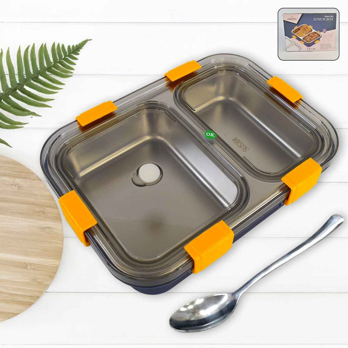 Stainless Steel Lunch Box 2 Section – Leakproof & Durable with Spoon