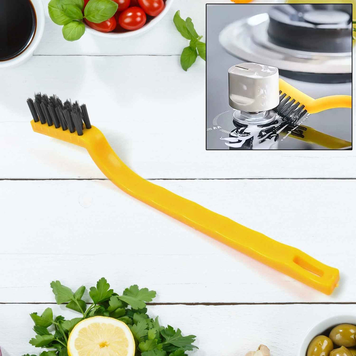 Mini nylon cleaning brush with ergonomic handle for kitchen tasks.