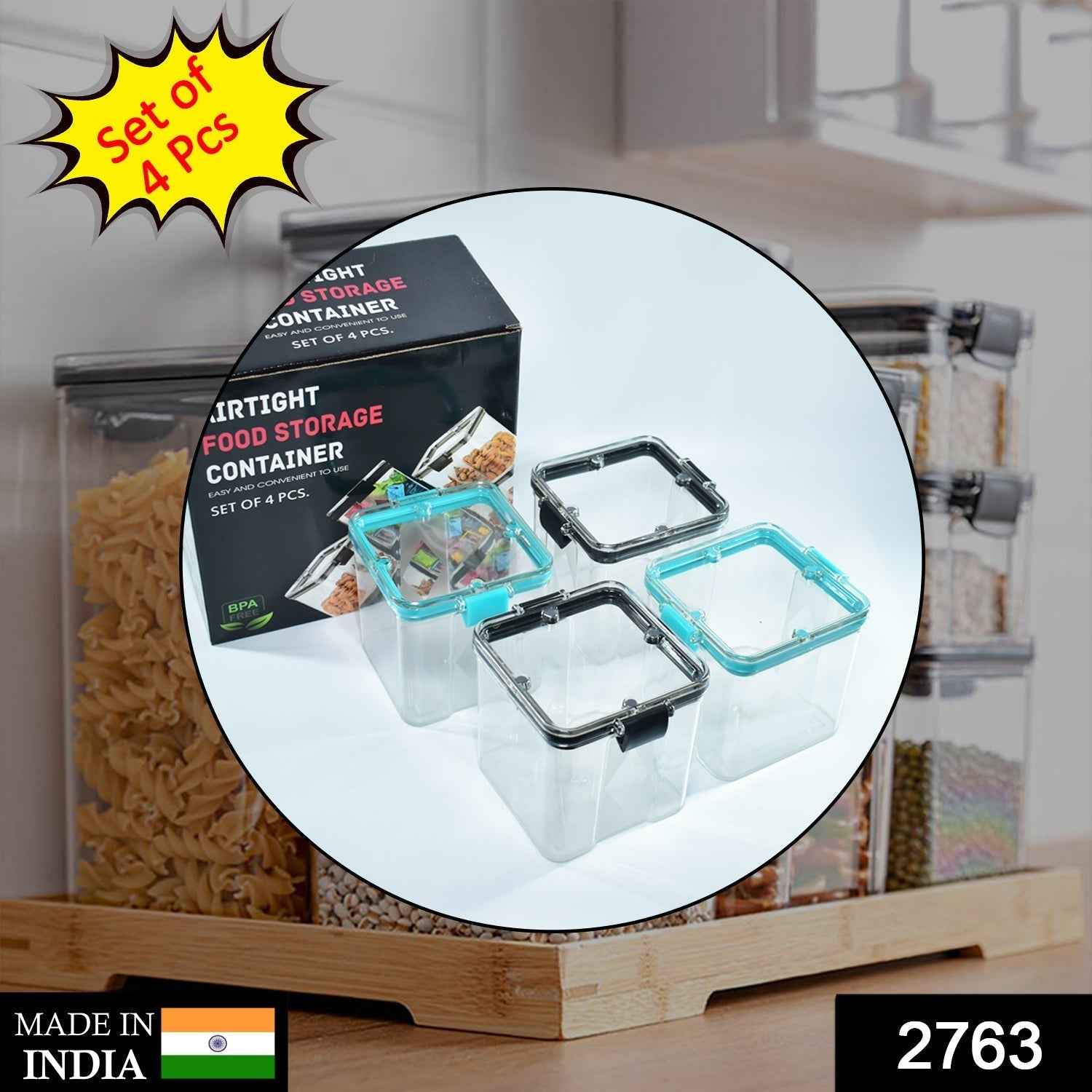 Transparent 700ml square containers with blue lids, neatly arranged for kitchen organisation.