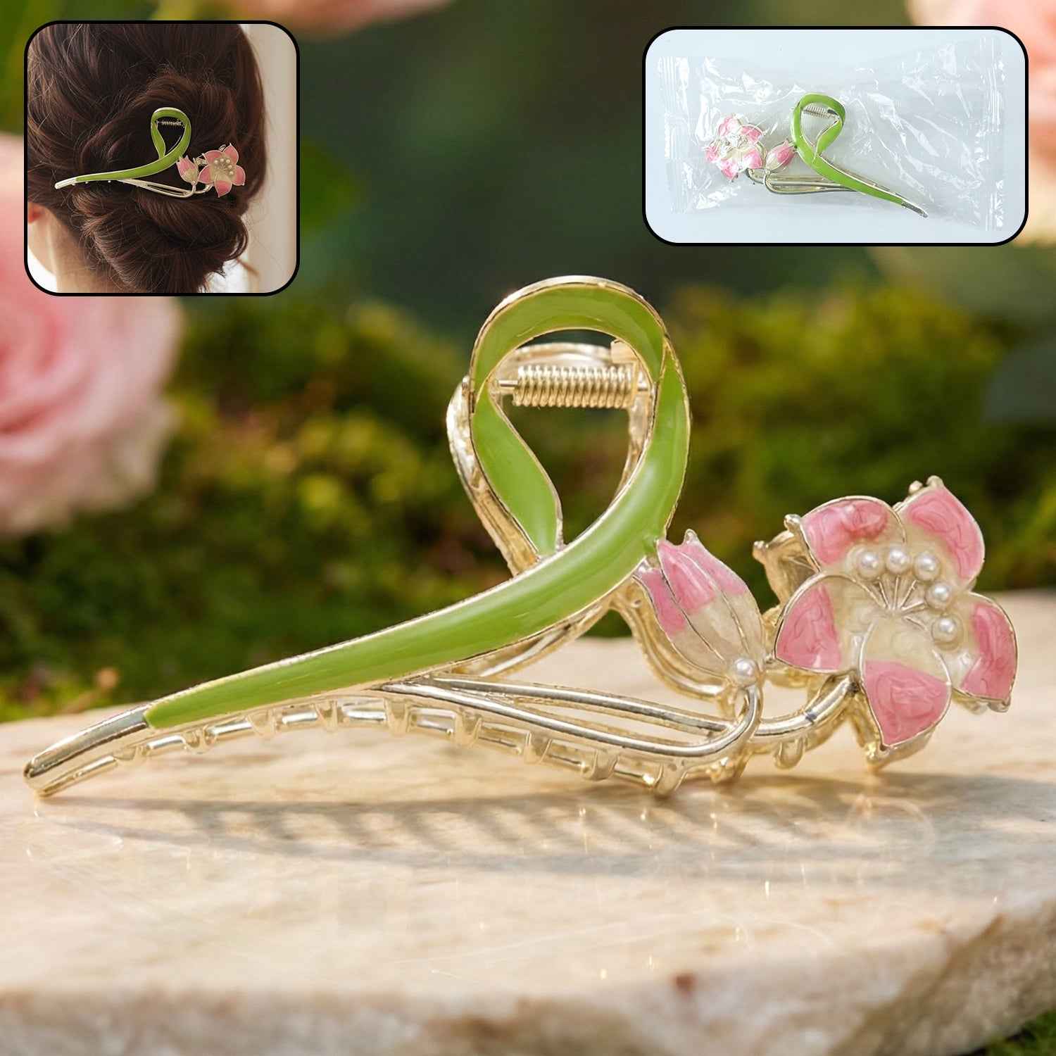 Floral Hair Claw Clip – Elegant Green Leaf with Pink Flower
