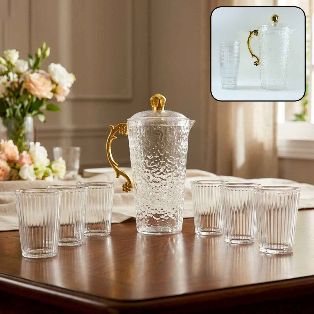 Textured Glass Water Jug Set – Elegant 1 Jug with 6 Glasses