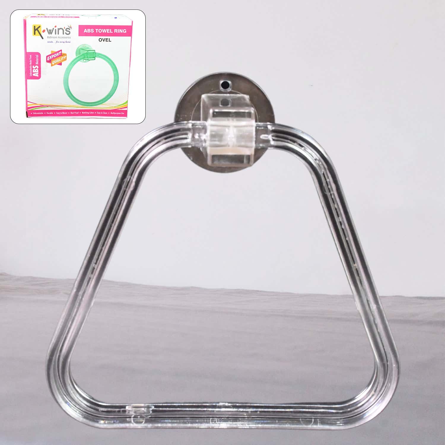 Clear ABS square towel ring holder from BathNova, ready for wall mounting.
