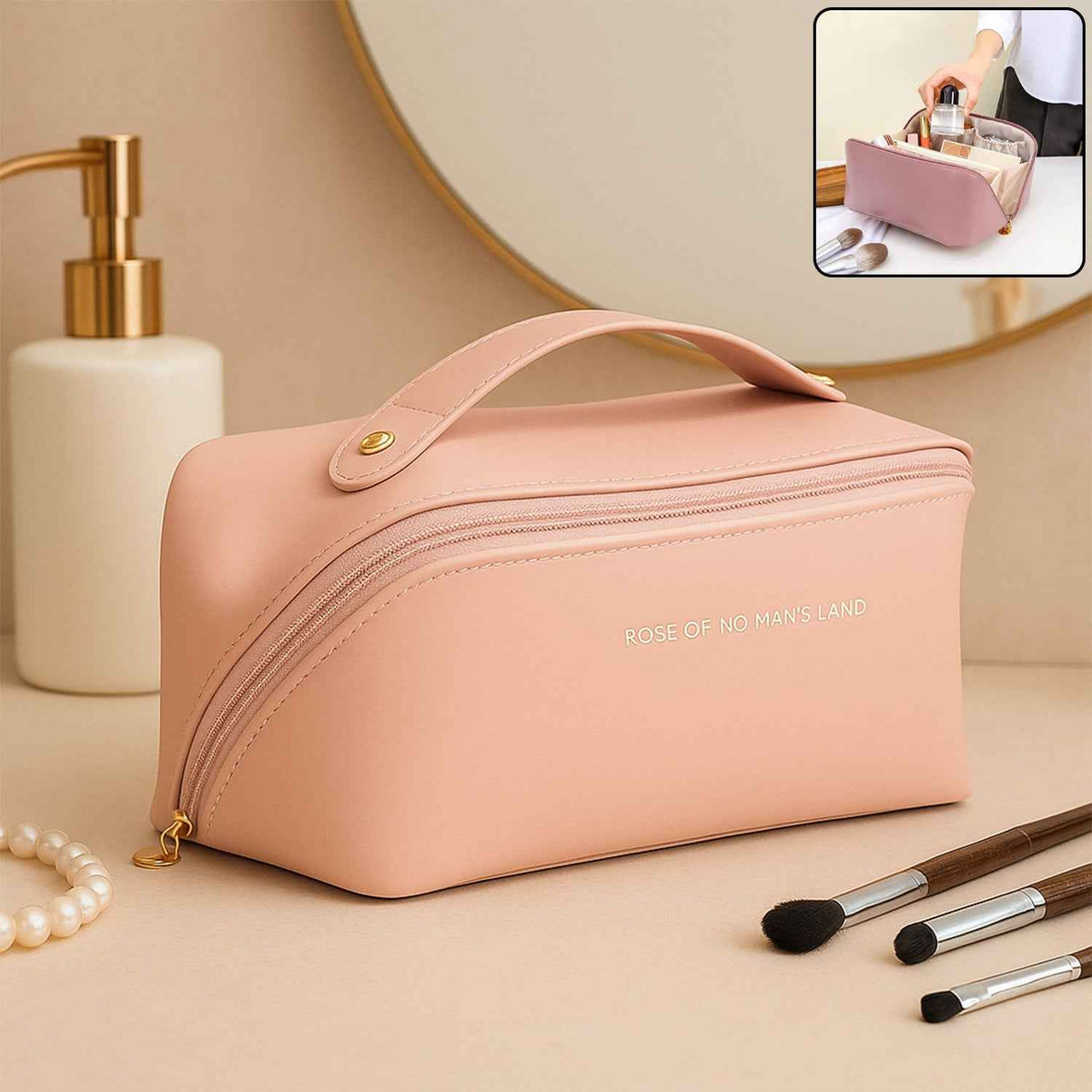 Travel Makeup Organizer Pouch – Waterproof Peach Zipper Bag