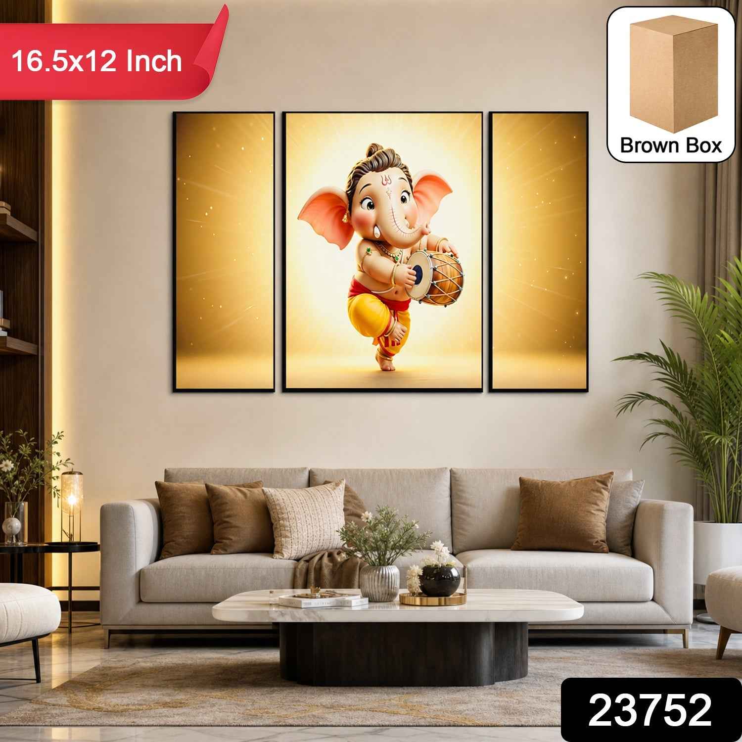 Ganesha Religious Wall Art Ð Vibrant 3 Panel MDF Frame