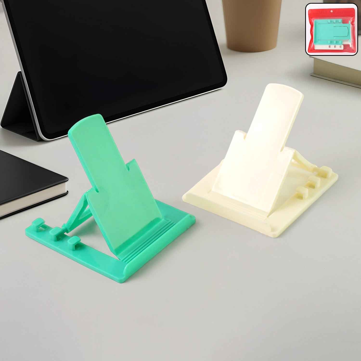 Adjustable foldable plastic mobile phone stand holding smartphone