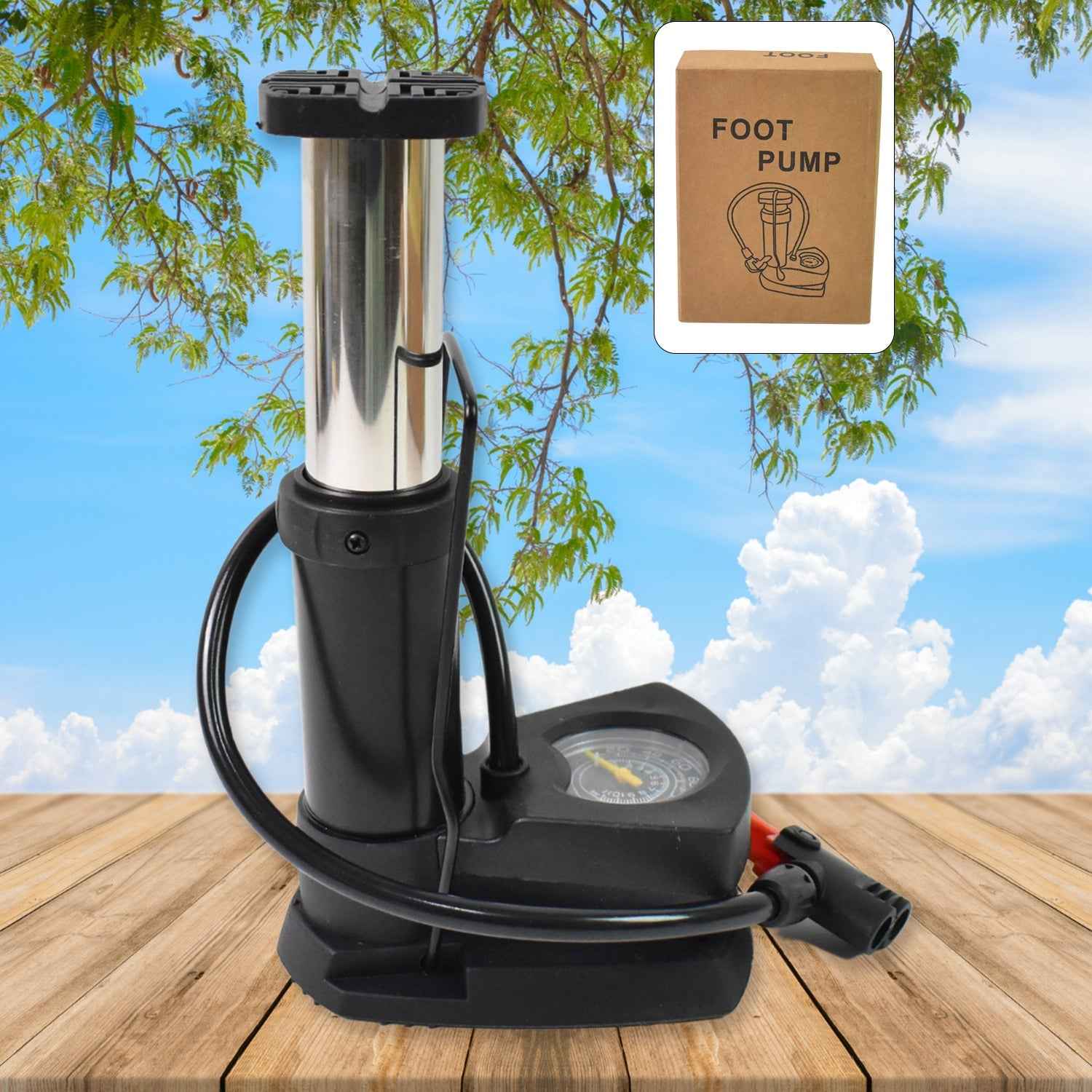 Foot bike pump with its integrated hose and nozzle for various valve types.