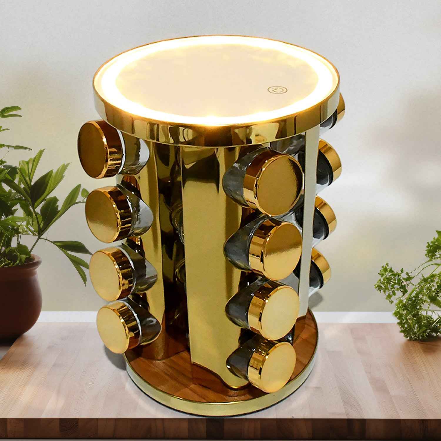 Rotating Spice Rack – LED Illuminated, 16 Jars, Golden Finish | Tidy Table
