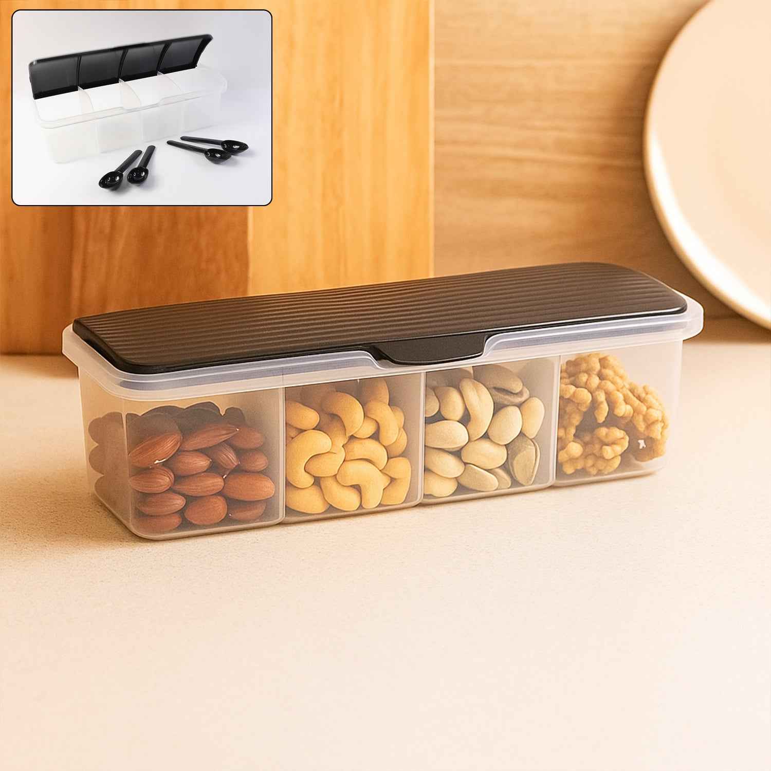 Spice Box – Airtight 4-Section Multipurpose Container with Spoons