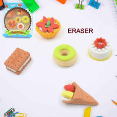 Vibrant 3D fast food erasers neatly arranged on a white background.