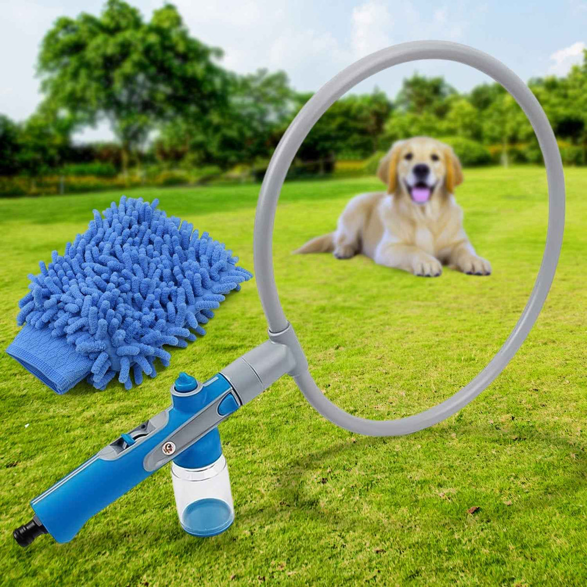 Pet Shower Sprayer in action, showing water jets gently cleaning a dog.