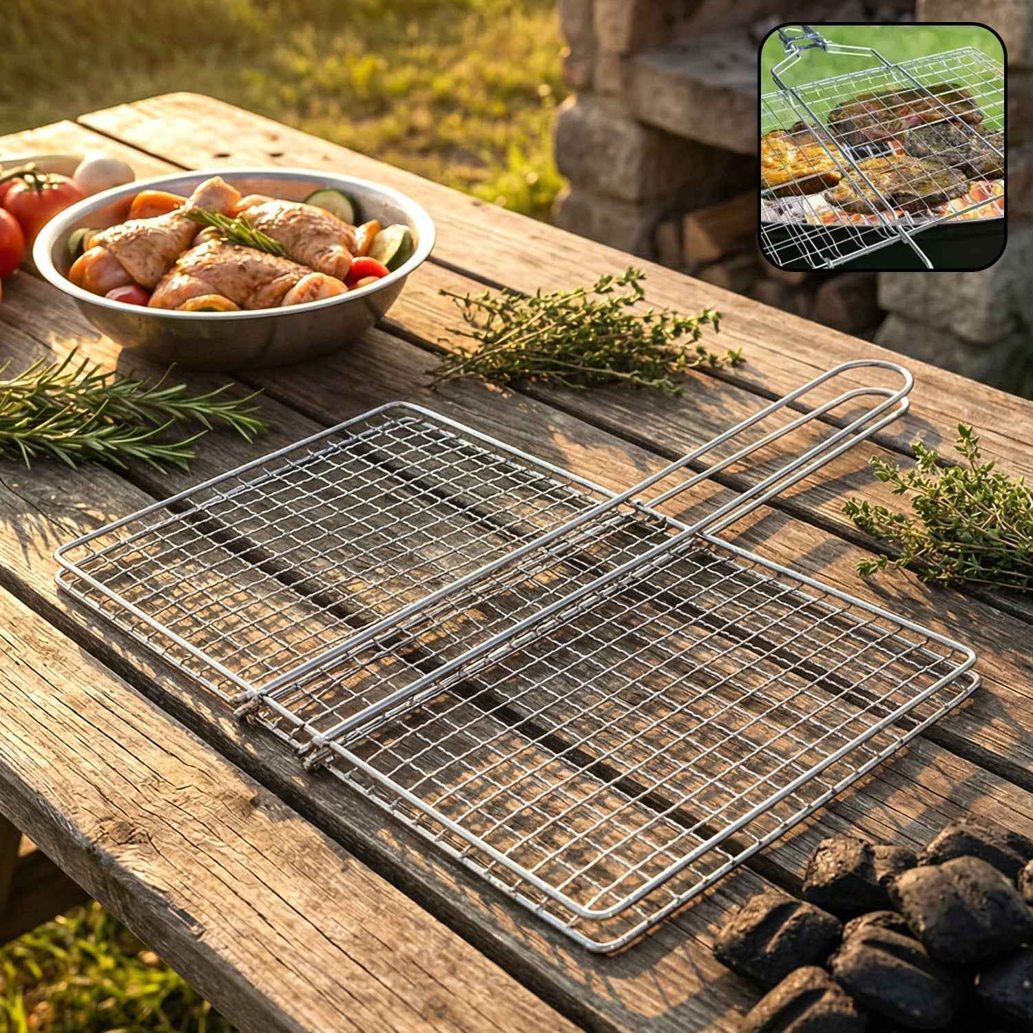 Heavy-Duty Stainless Steel BBQ Grill Basket Ð Long Handle & Durable Construction