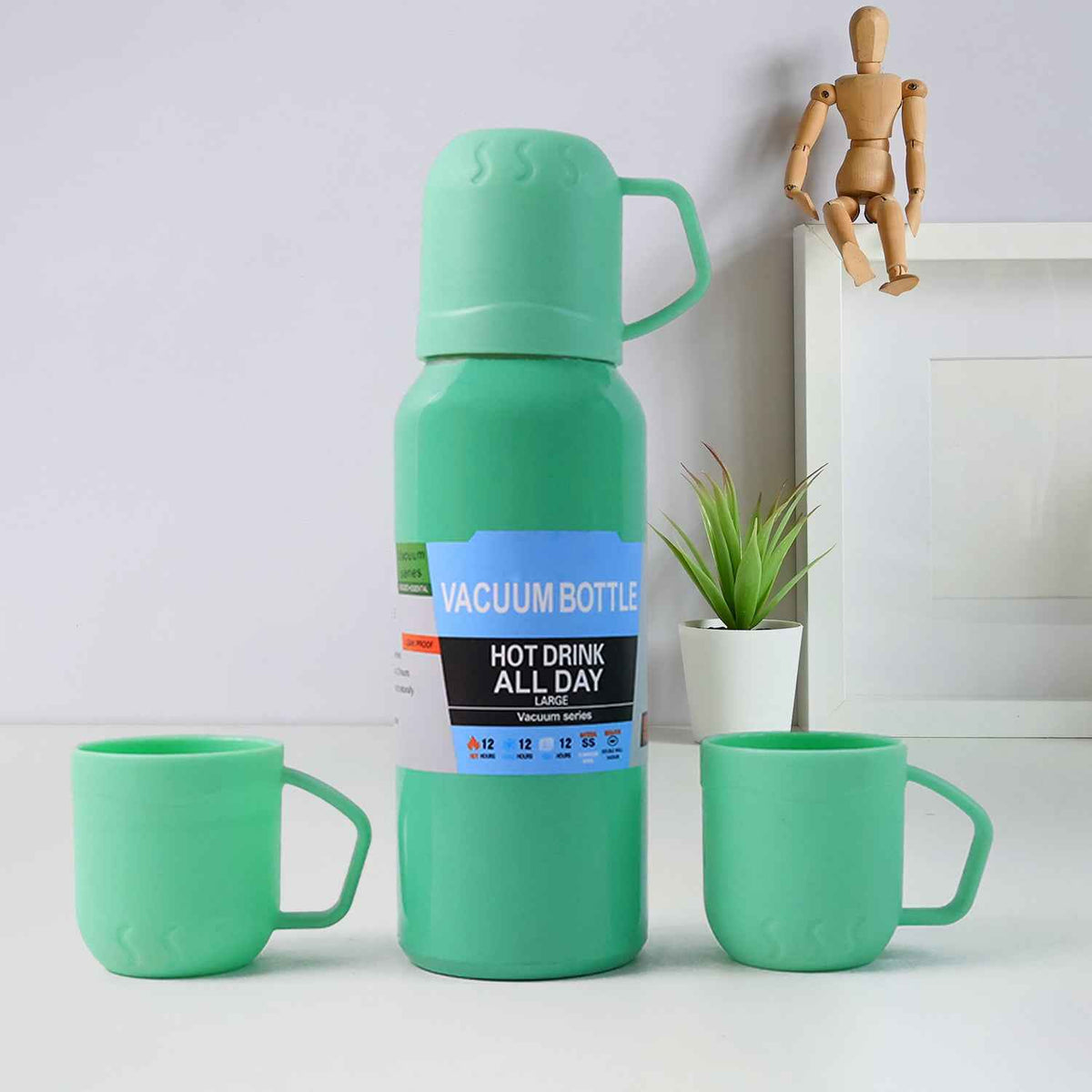 Vacuum Flask Set – Stainless Steel Thermos with 3 Cups, 500ml