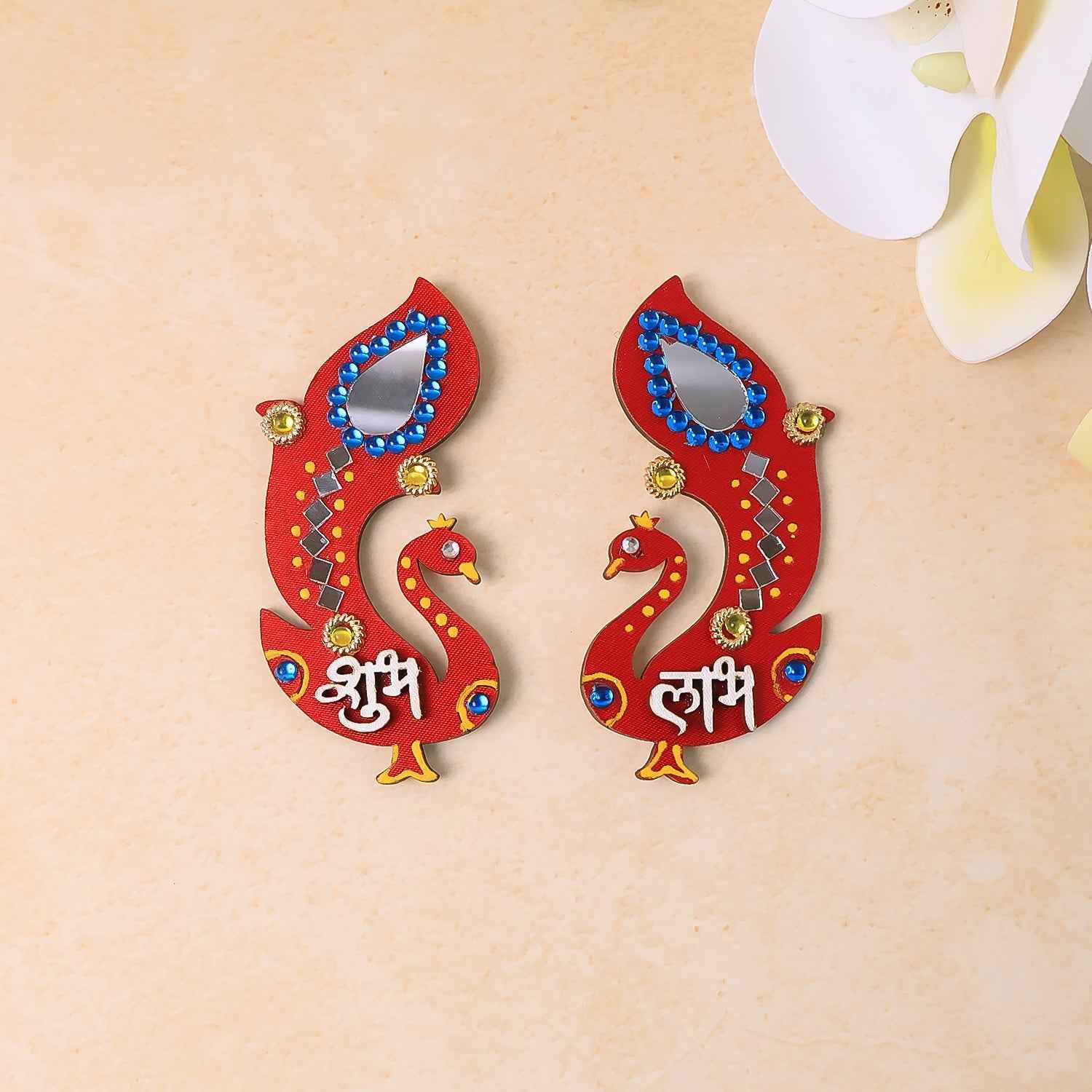 Shubh Labh Wall Hanging – Traditional Peacock Wooden Décor Set