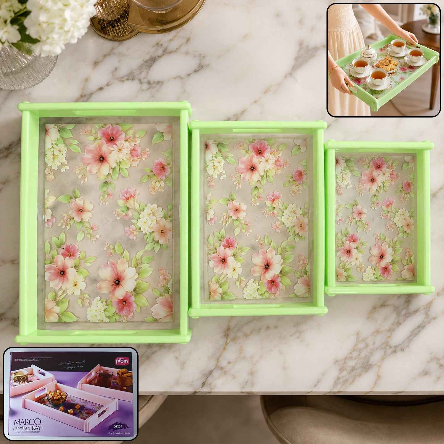 Serving Tray Set Ð Elegant Floral Design with Side Handles