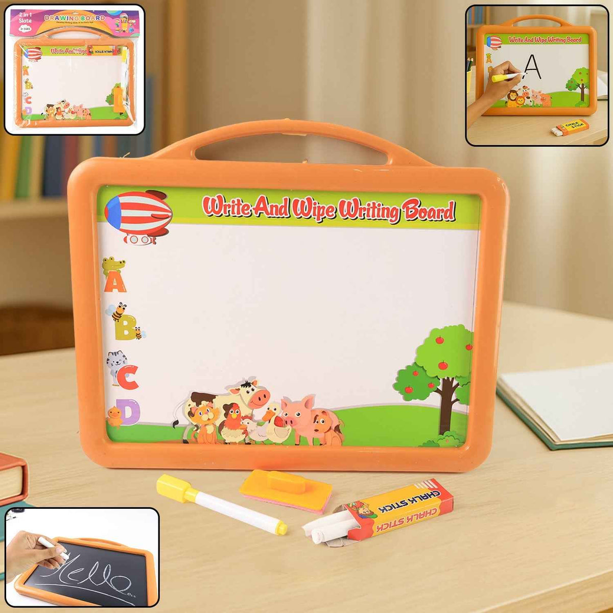 Educational drawing board with reversible whiteboard and chalkboard surfaces for kids