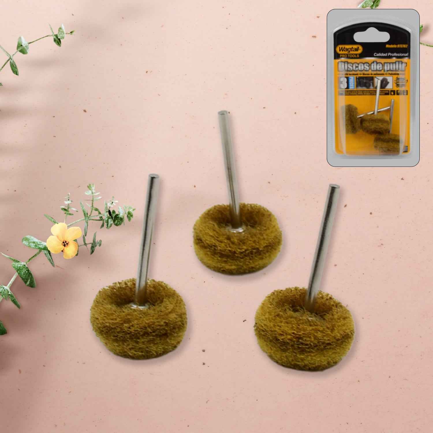 Abrasive buffing wheel set with 3mm shank for rotary tools.