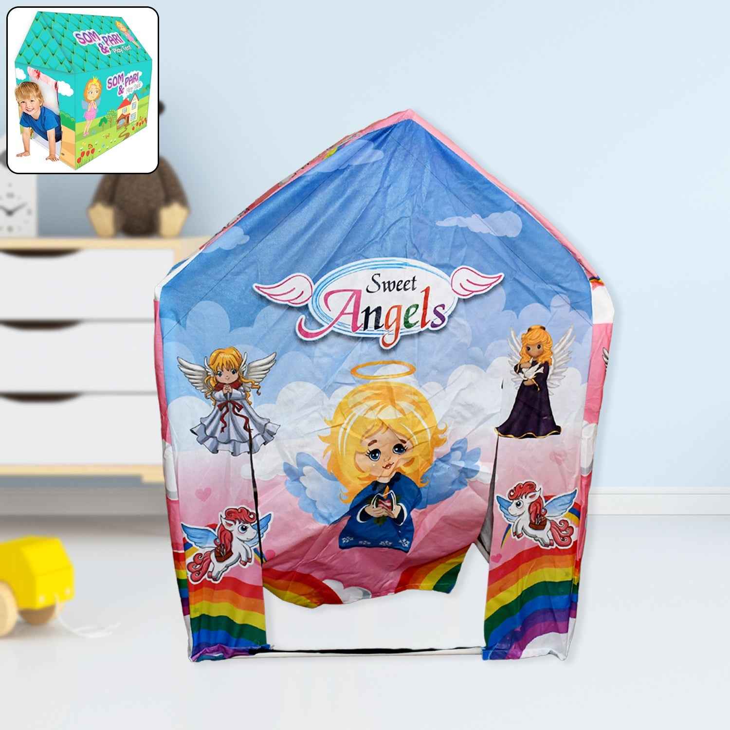 Child playing in a colourful school-themed kids play tent house.