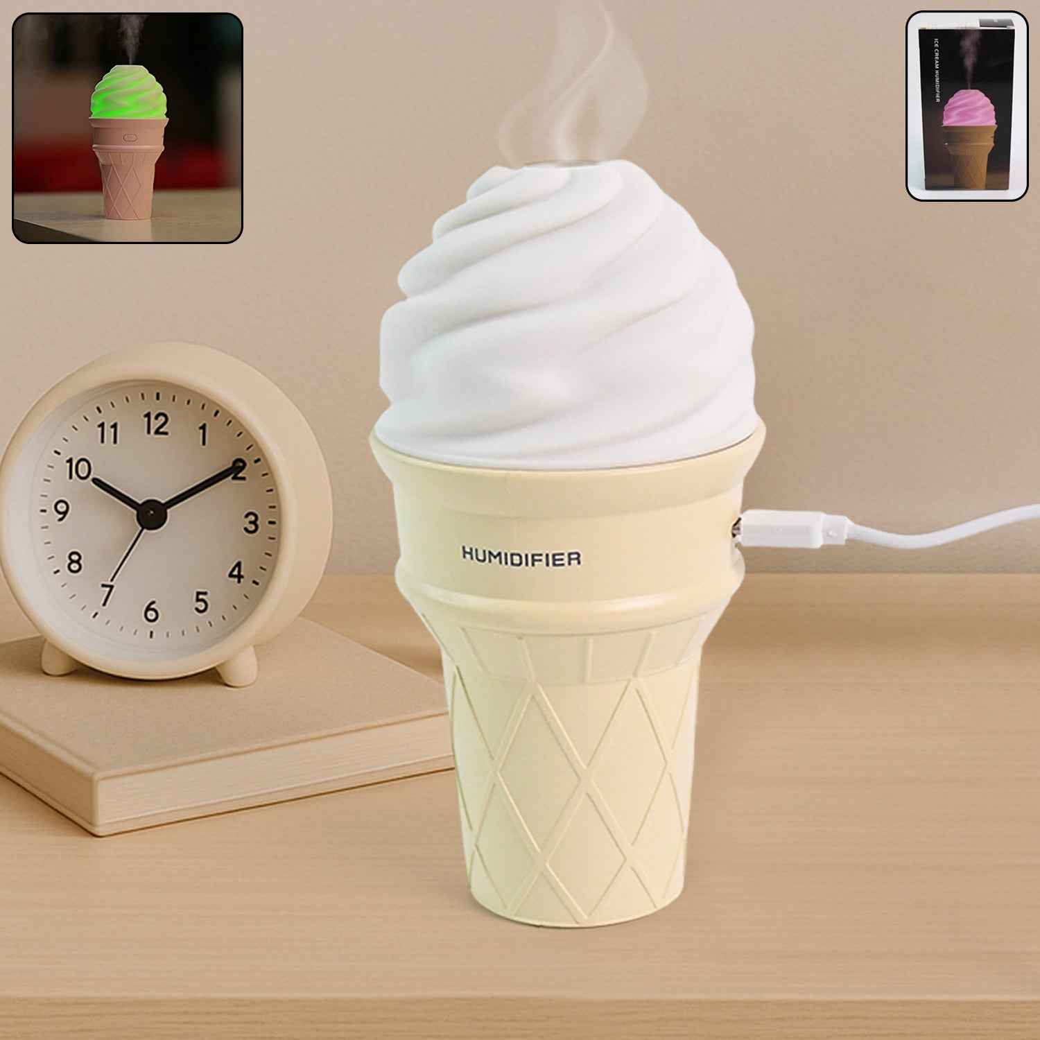 Portable Ice Cream Cone Humidifier releasing cool mist on a desk with LED light
