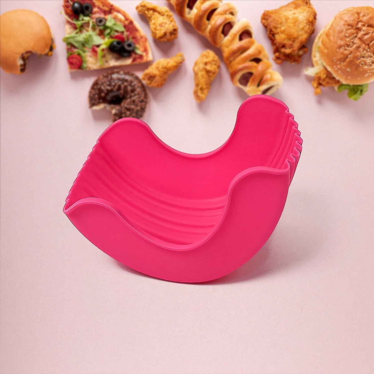 Silicone Burger Holder in use, keeping a hamburger neat.