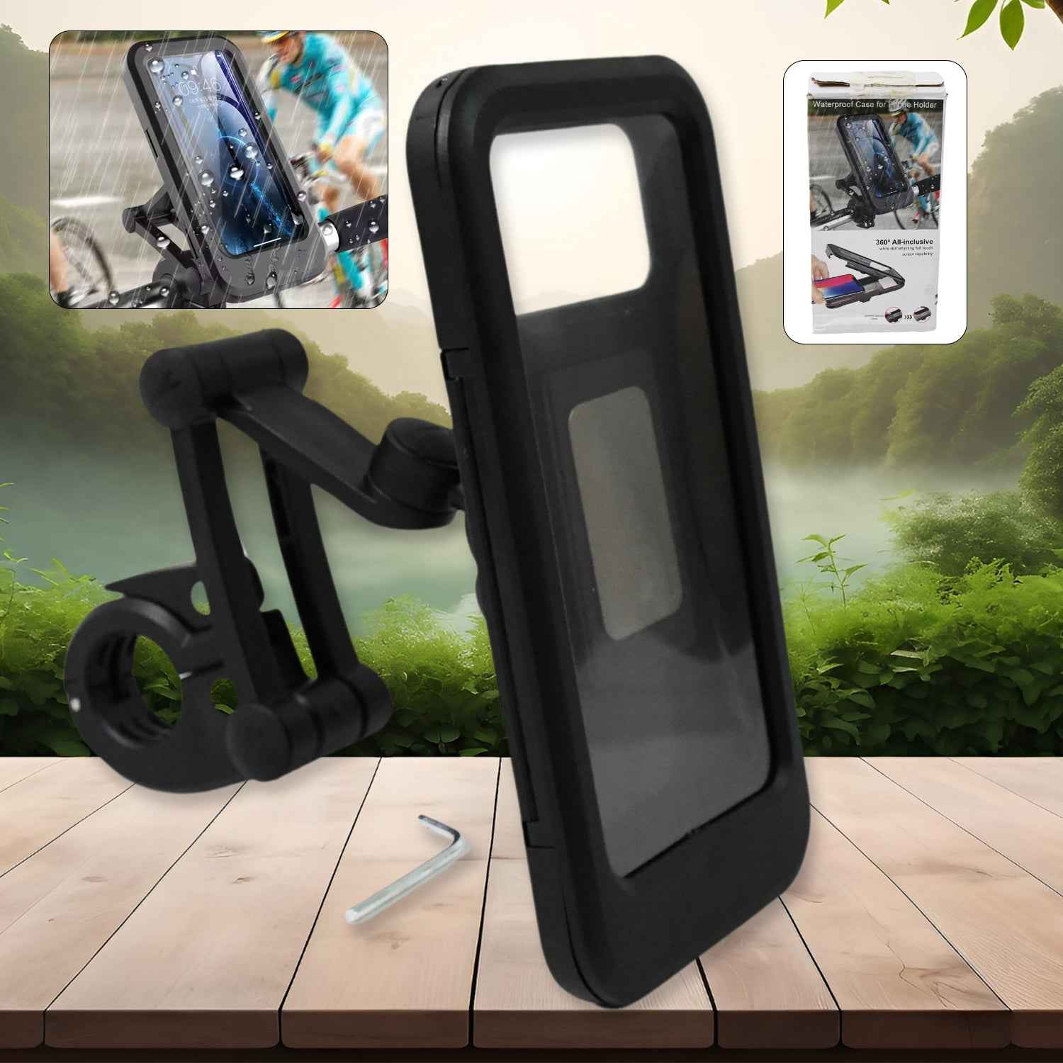 Indo Glow waterproof bike phone mount securely attached to a bicycle handlebar, showing 360° rotation.
