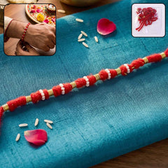 Handmade Red Rakhi with White Beads Ð Traditional Celebration Accessory