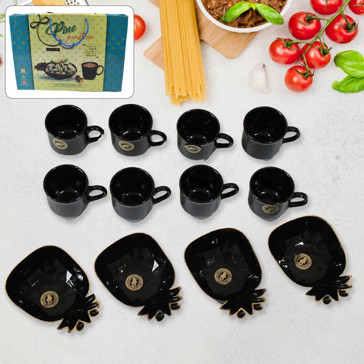 12-piece ceramic tea set with pineapple bowls on a rustic table.