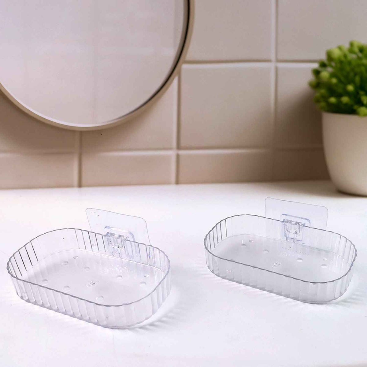 Transparent self adhesive wall mounted soap dish holder with drainage holes