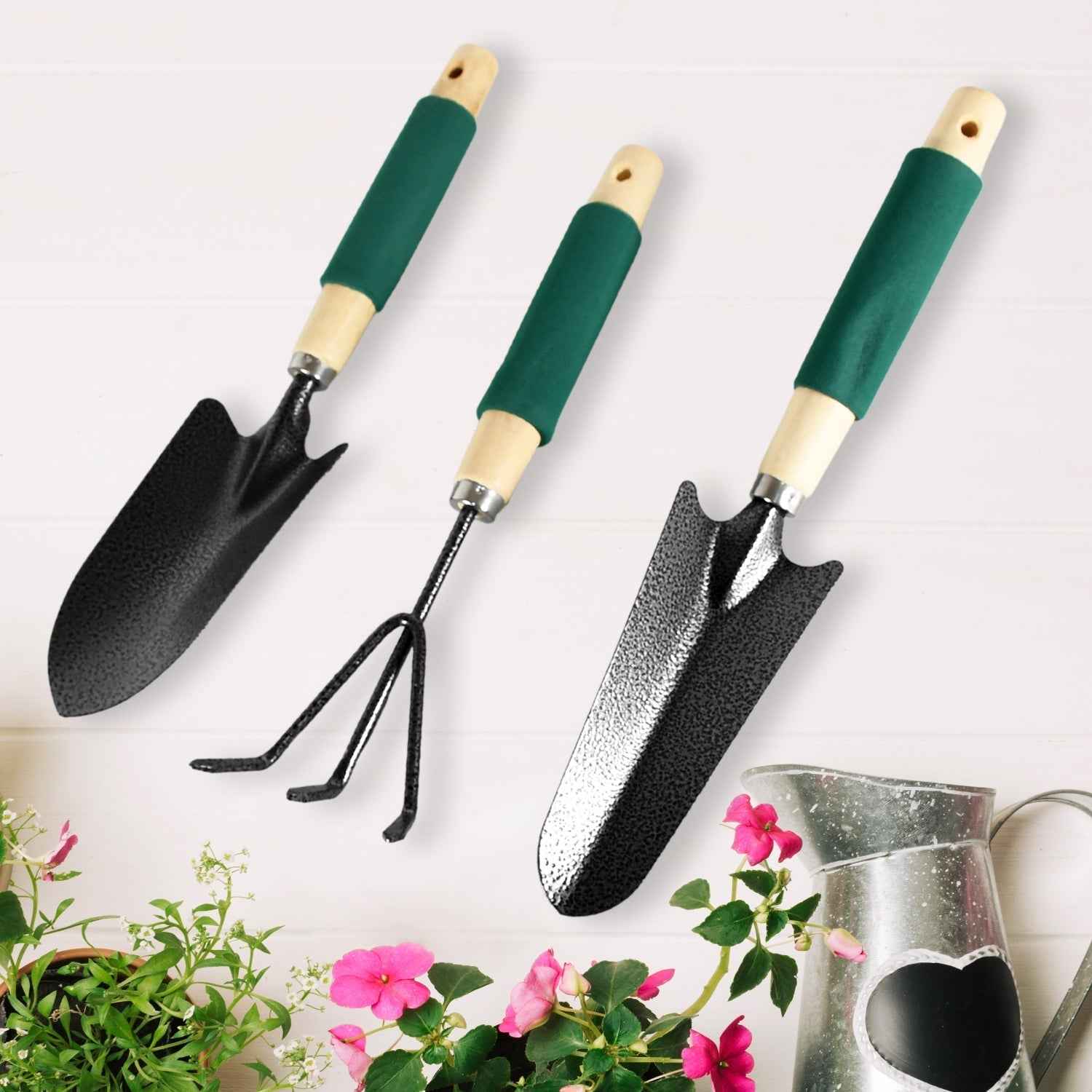 Heavy-duty garden trowel with a polished steel head and comfortable wooden handle.