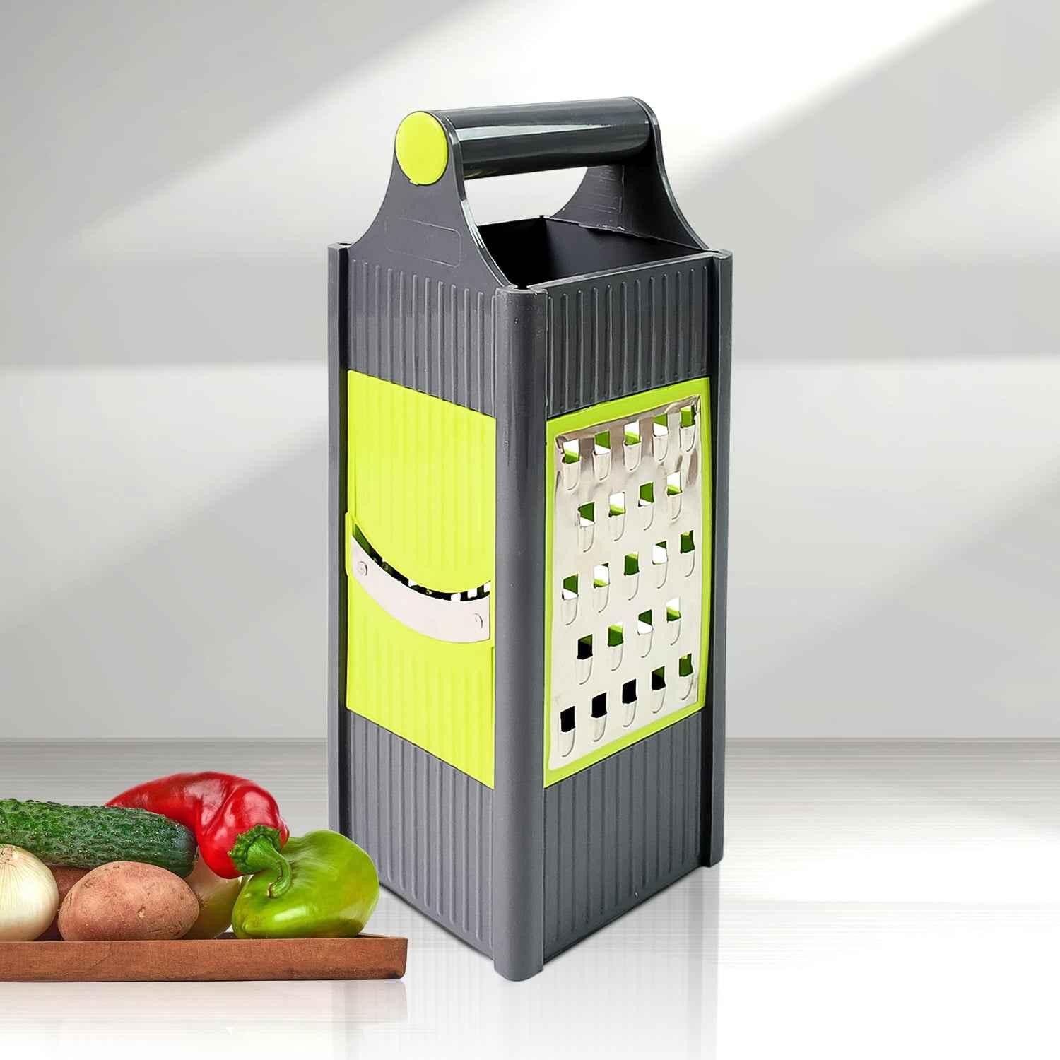 Konvex 4-in-1 vegetable slicer with multiple stainless steel blades for efficient food prep.