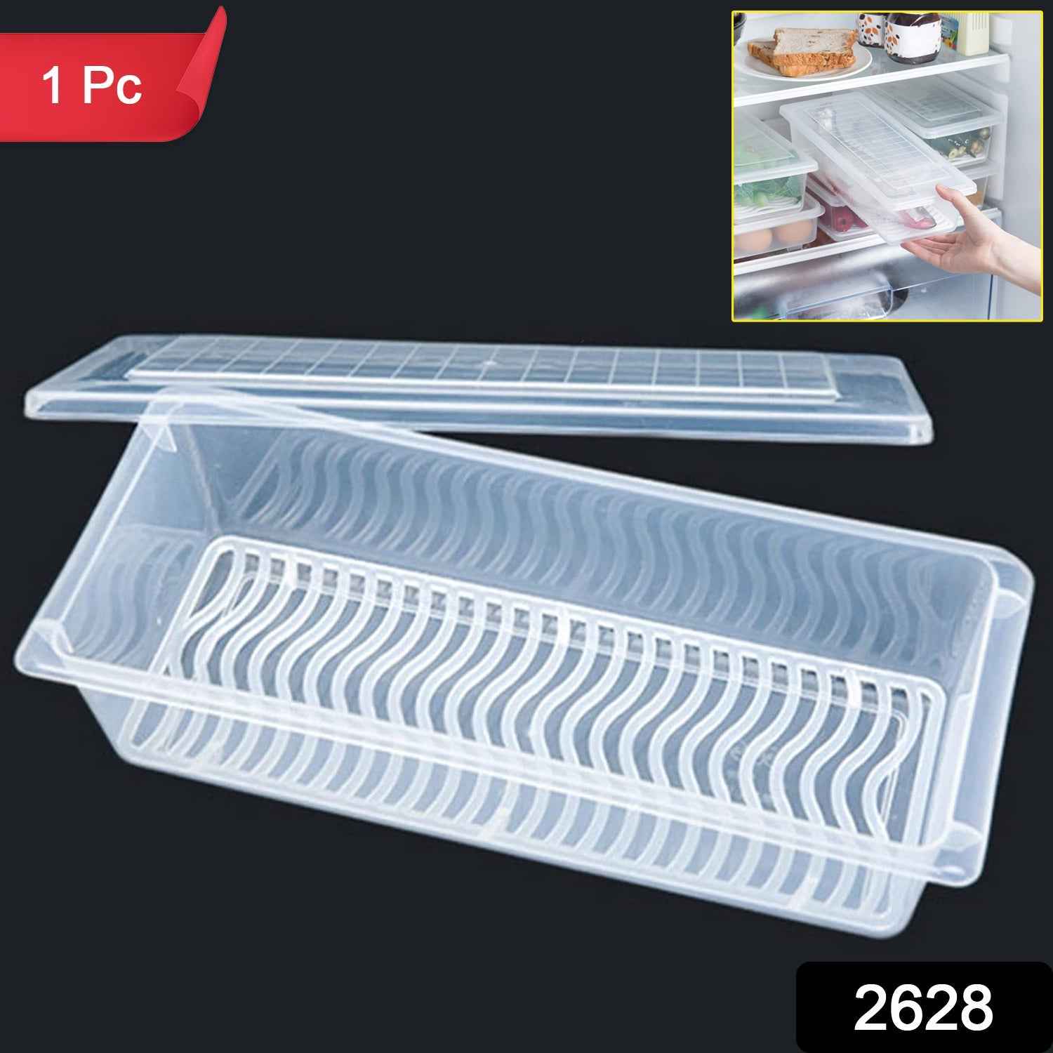 A close-up of the 1500ml food storage container showing its removable blue drain plate.