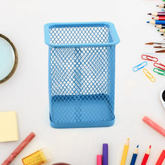 Sleek black metal mesh pen holder for a tidy office desk.
