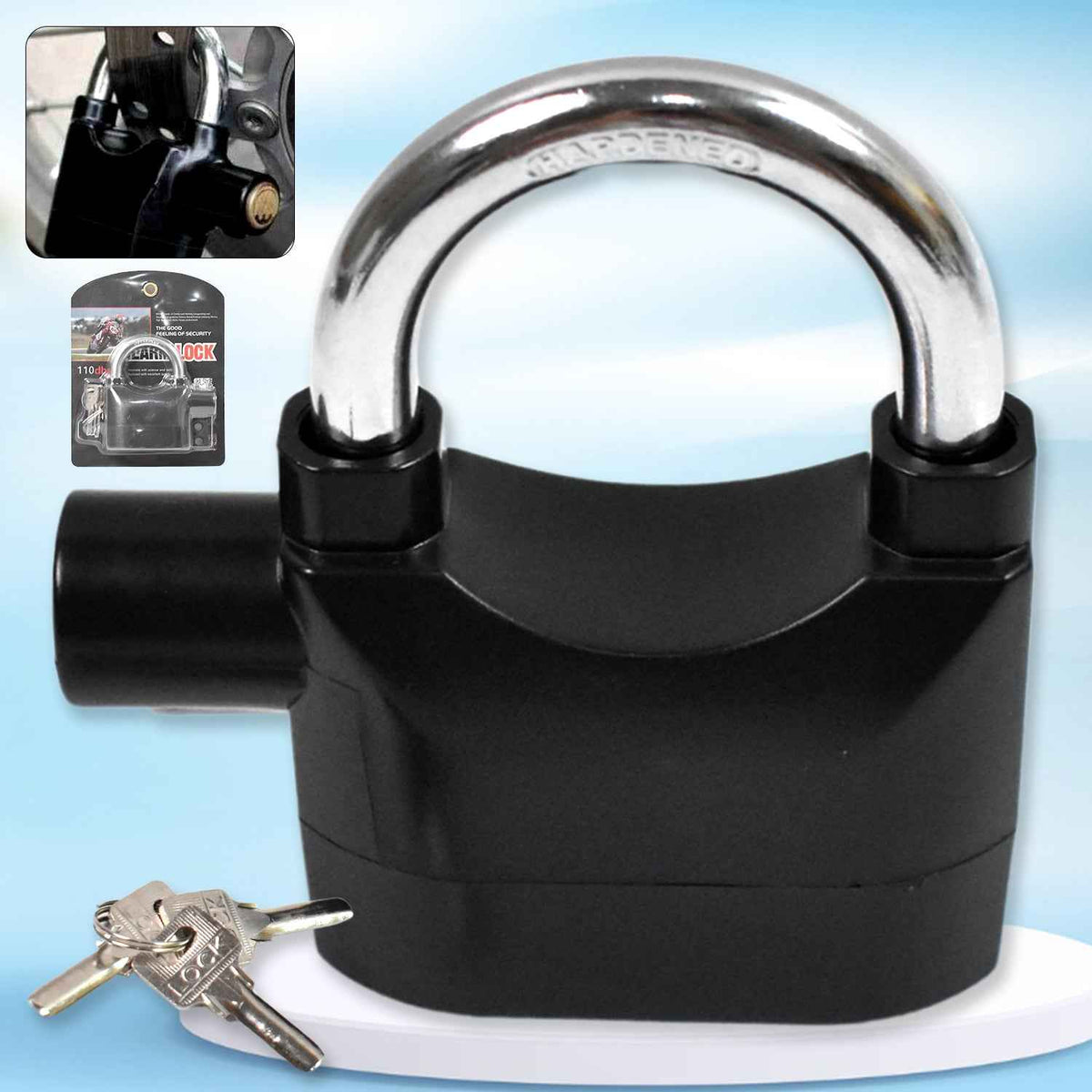 Front view of the VelvaBloom Siren Alarm Lock, showcasing its robust plastic body.