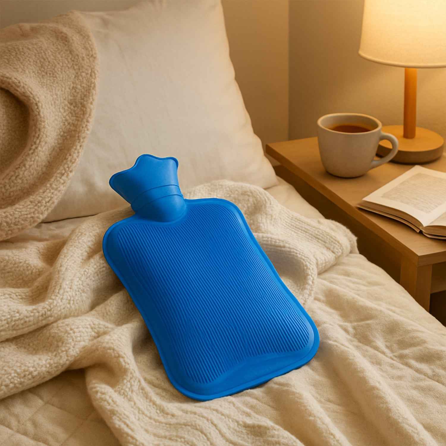 Front view of the 1400ML hot water bag, ready for use to alleviate muscle aches.