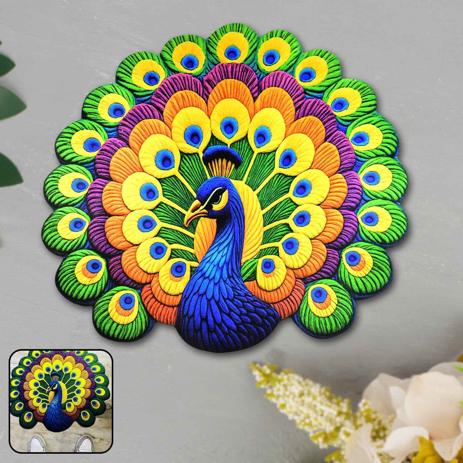 Peacock Design Anti-Slip Floor Mat – Soft Velvet Touch